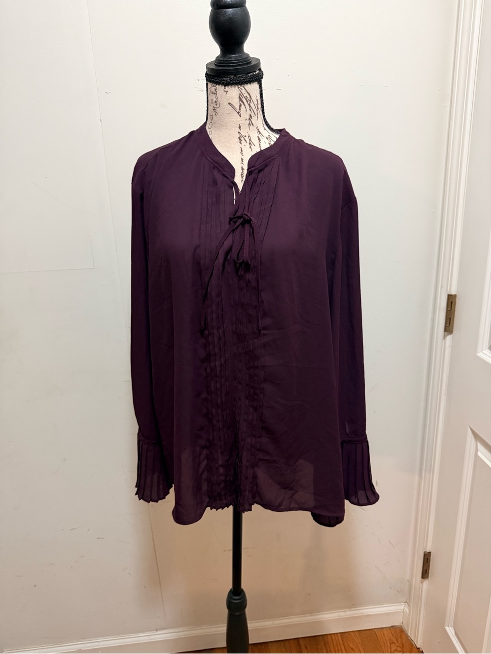 New York & Company Plum Tie-Front Pintuck Blouse